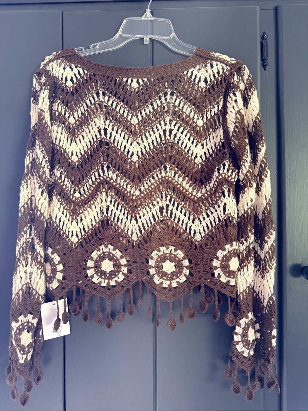 Brown & Cream Crochet Chevron Scoop-Neck Top